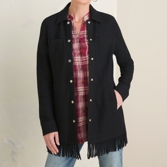 Chico's Black Fringe Wool Blend Blanket Jacket Shacket Size: 4 = 20/22 - Picture 1 of 13